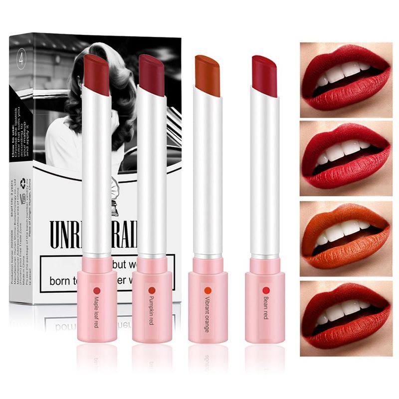 4 Colors Mini Tube Mate Velvet Lipstick, Lip Tint Lip stain Long Lasting 24 hours Waterproof Liquid Lipstick, Red Moisturizer Smooth Lip Stick Cosmetic