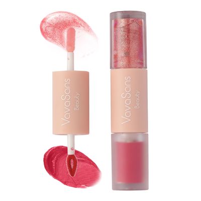 VavaSans Pink Rose Matte Liquid Lipstick with Pink Clear Glitter Lip Gloss 2 In 1 Dual Ended Highly Pigmented Long Lasting Non Sticky Transfer Proof High Shine Finish Makeup for Girls and Women