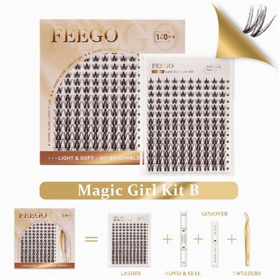 FEEGO Lashes Magic Girl Kit With Invisible Band DIY 140 Pcs 8-18 mm Eyelash Extension Kit Bond and Seal Eyelash Glue and Lash Remover Beginner Friendly Individual Lashes (MAGIC GIRL - B)