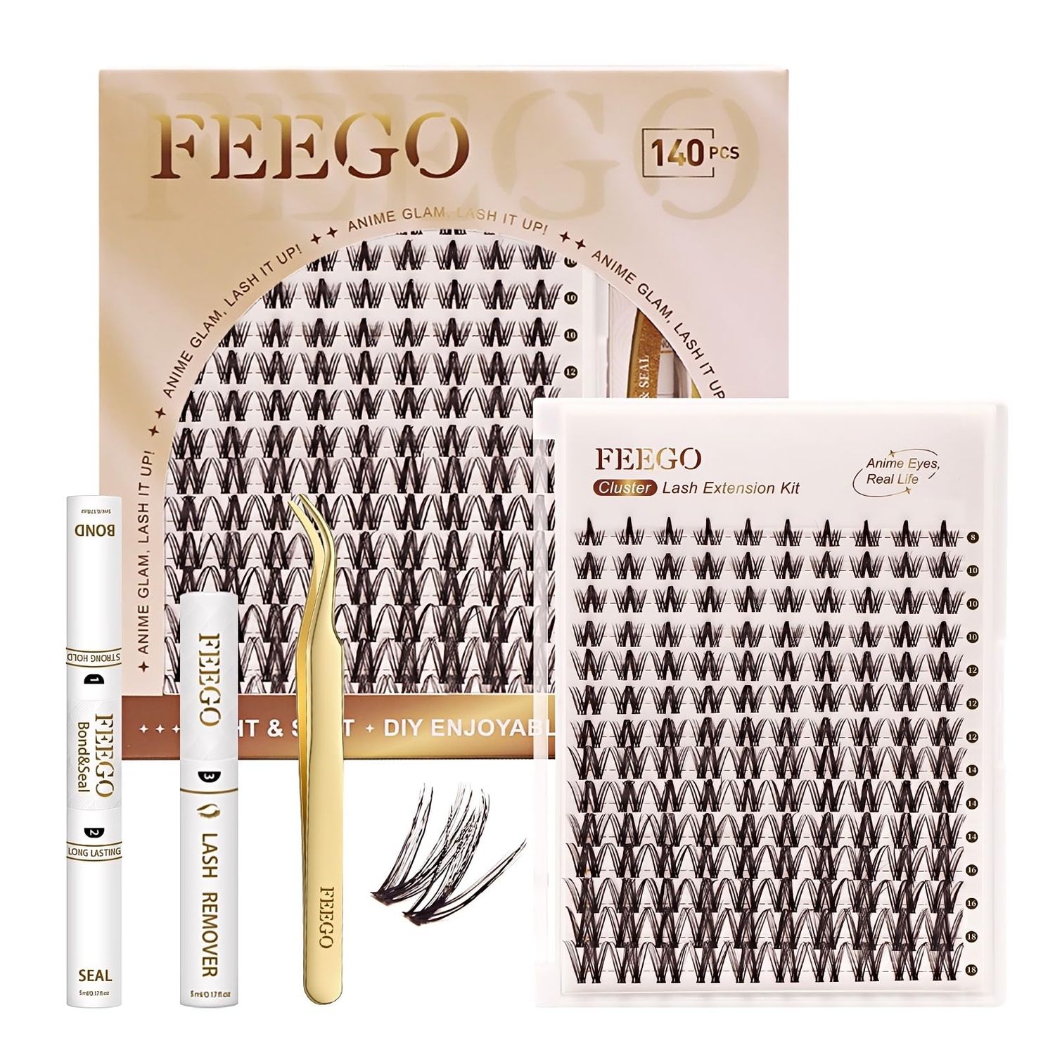 FEEGO Lashes Magic Girl Kit With Invisible Band DIY 140 Pcs 8-18 mm Eyelash Extension Kit Bond and Seal Eyelash Glue and Lash Remover Beginner Friendly Individual Lashes (MAGIC GIRL - B)