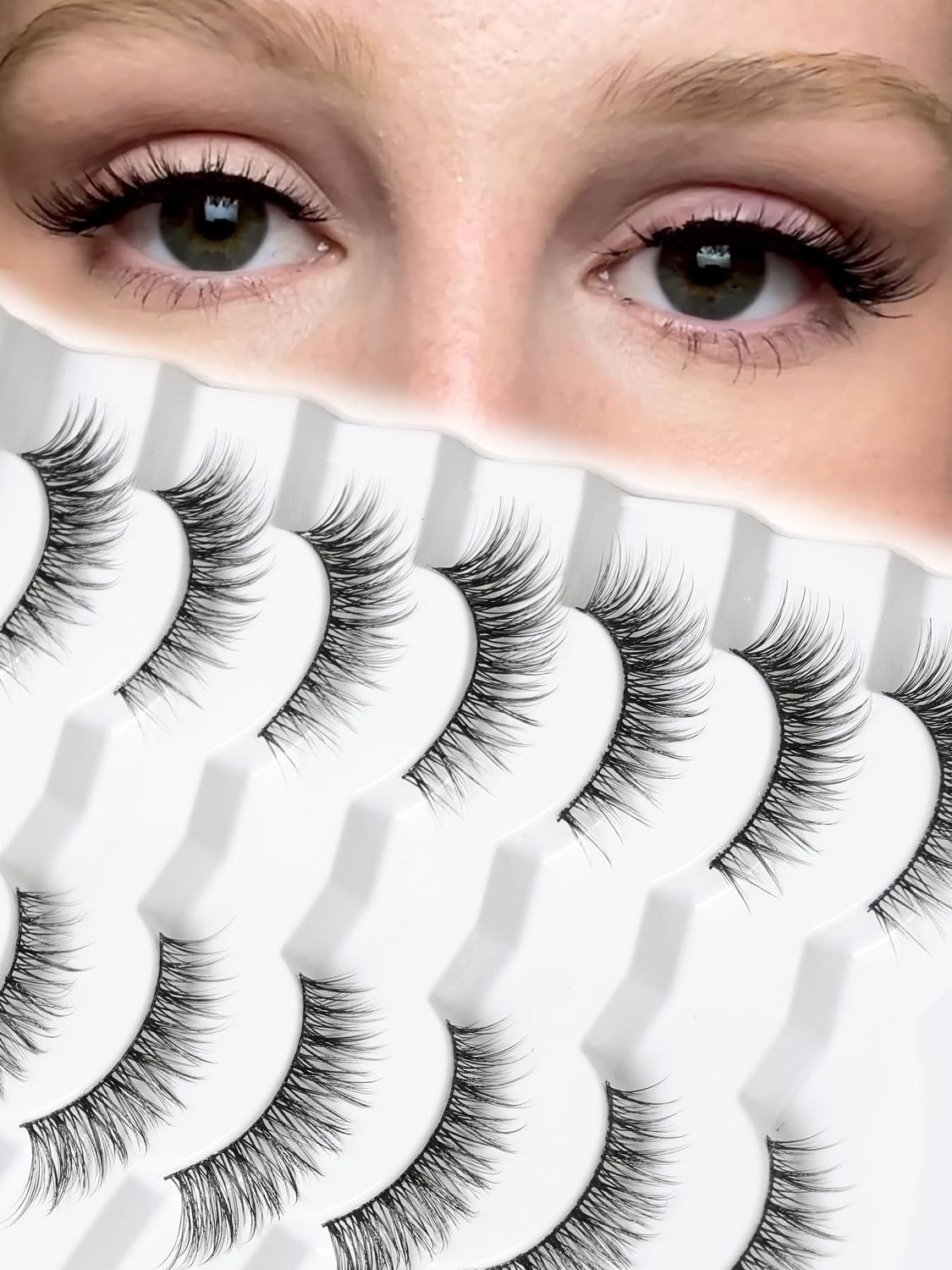 Natural Cat Eyelashes False Lashes Wispy 14mm False Eyelashes Natural Look 0.1MM Thin Band Strip Lashes Pack C Curl Fake Eyelashes Wispy Cat Eye Lashes 3D Volume Siligli Lashes 7 Pair