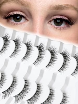 Natural Cat Eyelashes False Lashes Wispy 14mm False Eyelashes Natural Look 0.1MM Thin Band Strip Lashes Pack C Curl Fake Eyelashes Wispy Cat Eye Lashes 3D Volume Siligli Lashes 7 Pair