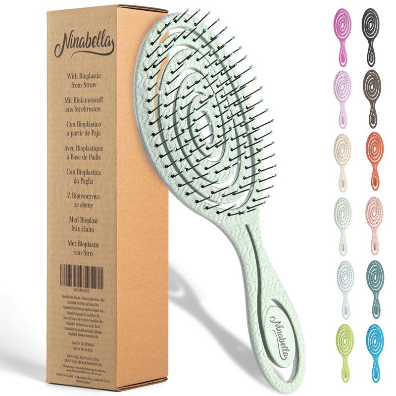 Ninabella Organic Detangling Hair Brush for Women, Men &amp; Children - Does not Pull on Hair - Straightening Brushes for Straight, Curly &amp; Wet Hair - Unique Spiral Hairbrush Green