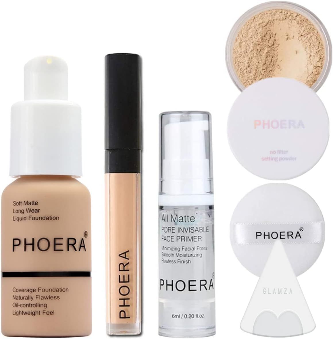 Glamza Full Coverage Makeup Set with Foundation (102 Nude), Concealer Stick (102 Neutral), Primer Gel, Setting Powder, Make Up Pad &amp; Sponge - Complete Face Cosmetics Kit for Women