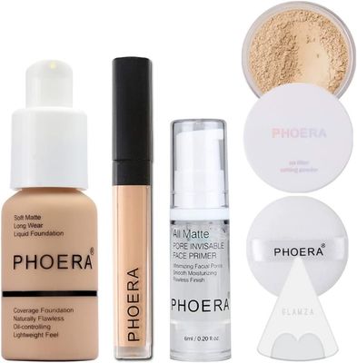 Glamza Full Coverage Makeup Set with Foundation (102 Nude), Concealer Stick (102 Neutral), Primer Gel, Setting Powder, Make Up Pad &amp; Sponge - Complete Face Cosmetics Kit for Women