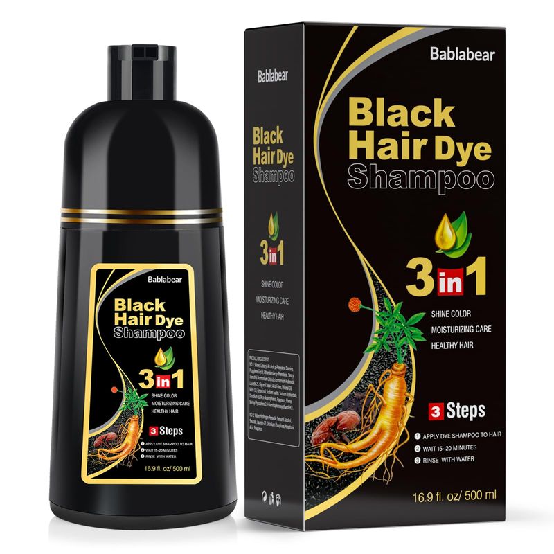 Bablabear MEIDU Black Hair Dye Shampoo, Semi-Permanent Gray Coverage for Women and Men, 3 in 1 with Natural Ingredients, Lasts 30 Days500ml