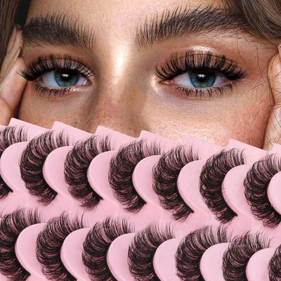 Ahrikiss Russian Strip Lashes D Curl Fluffy False Eyelashes Wispy Natural Mink Lashes Look Like Extensions 10 Pairs Pack Fluffy 3D Volume Fake Lashes (D03)