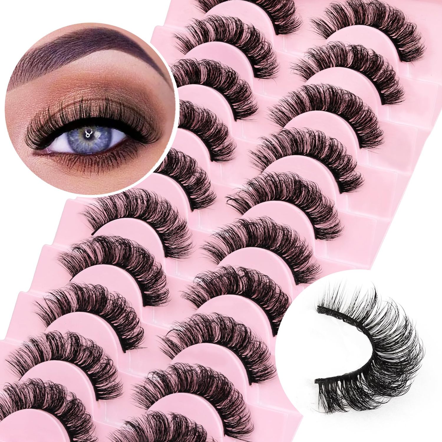 Ahrikiss Russian Strip Lashes D Curl Fluffy False Eyelashes Wispy Natural Mink Lashes Look Like Extensions 10 Pairs Pack Fluffy 3D Volume Fake Lashes (D03)