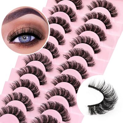 Ahrikiss Russian Strip Lashes D Curl Fluffy False Eyelashes Wispy Natural Mink Lashes Look Like Extensions 10 Pairs Pack Fluffy 3D Volume Fake Lashes (D03)