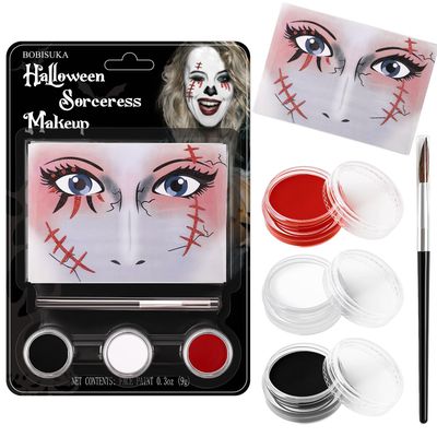 White Black Red Face Paint Clown Sorceress Halloween Makeup Kit Character Set for Kids Adults, Safe Non-Toxic Face Paint Kit for Costume Parties, SFX Makeup, Dress Up &amp; Cosplay