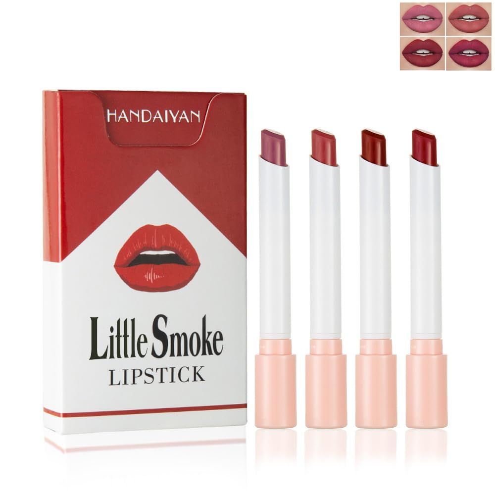 BEUKING 4Pcs Cigarette Case Lipstick Long-Lasting Non-Sticky Matte Nude Lipstick Set Lightweight Mini Velvety Lip Gloss Little Smoke Tube Style Lip Tint Festivals Gift for Women Daily Lip Makeup (A)