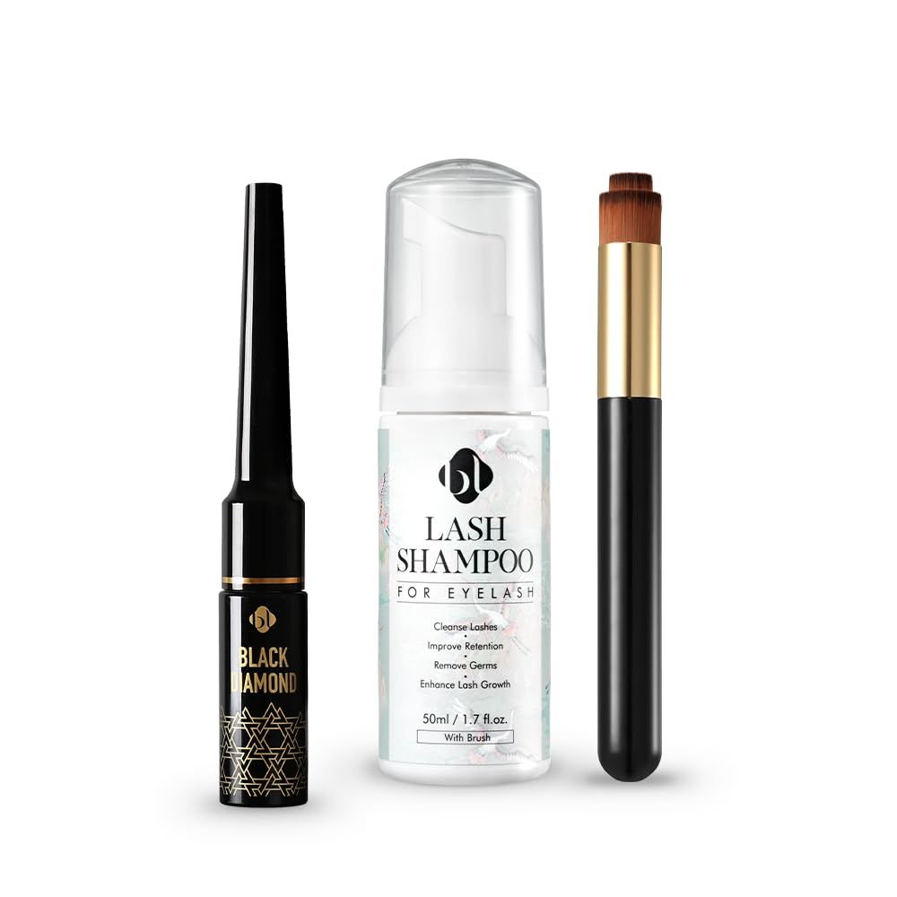 BL Lash Extension Kit | Lash Shampoo 50ml for easy makeup wash for Salon and Home| Crystal Drop Eyelash Mascara brush overnighter coating sealant for lash extensions (7ml) (Black)