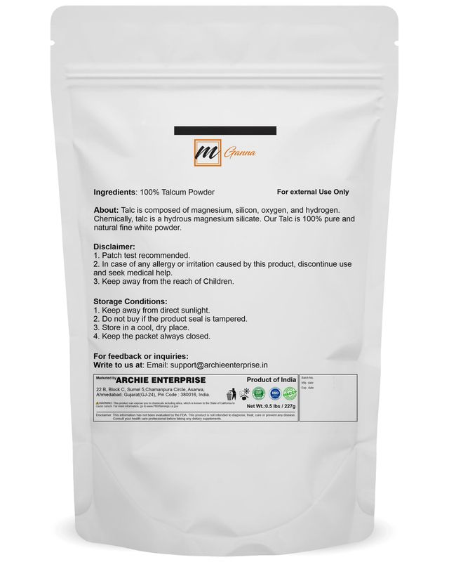 mGanna 100% Natural Talc Powder for Facial Make-up, Absorption, Lubrication, and Multi-Purpose 0.5 LBS  227 GMS