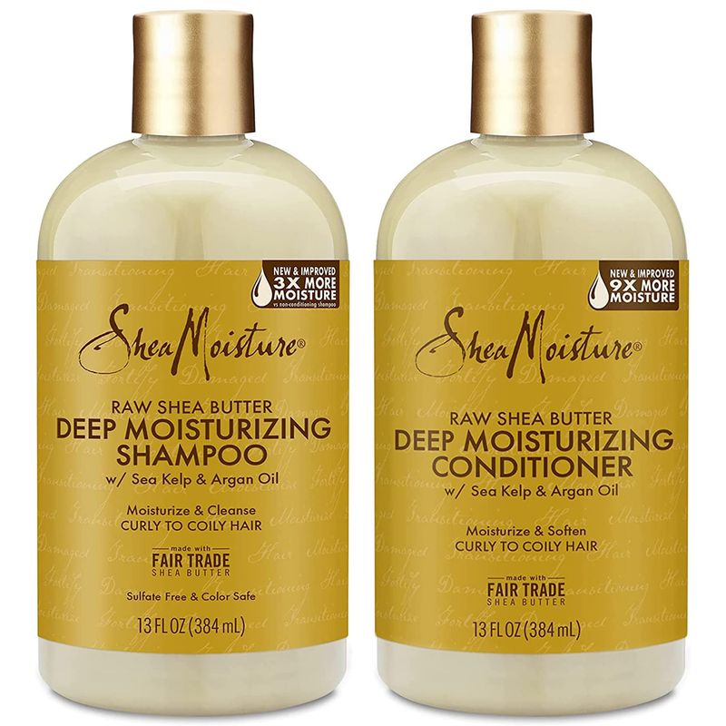 Shea Moisture Raw Shea Butter Shampoo and Conditioner Set, Deep Moisturizing with Sea Kelp &amp; Argan Oil, Sulfate Free &amp; Silicone Free, Curly Hair Products, Family Size, 13 Fl Oz (Pack of 2)