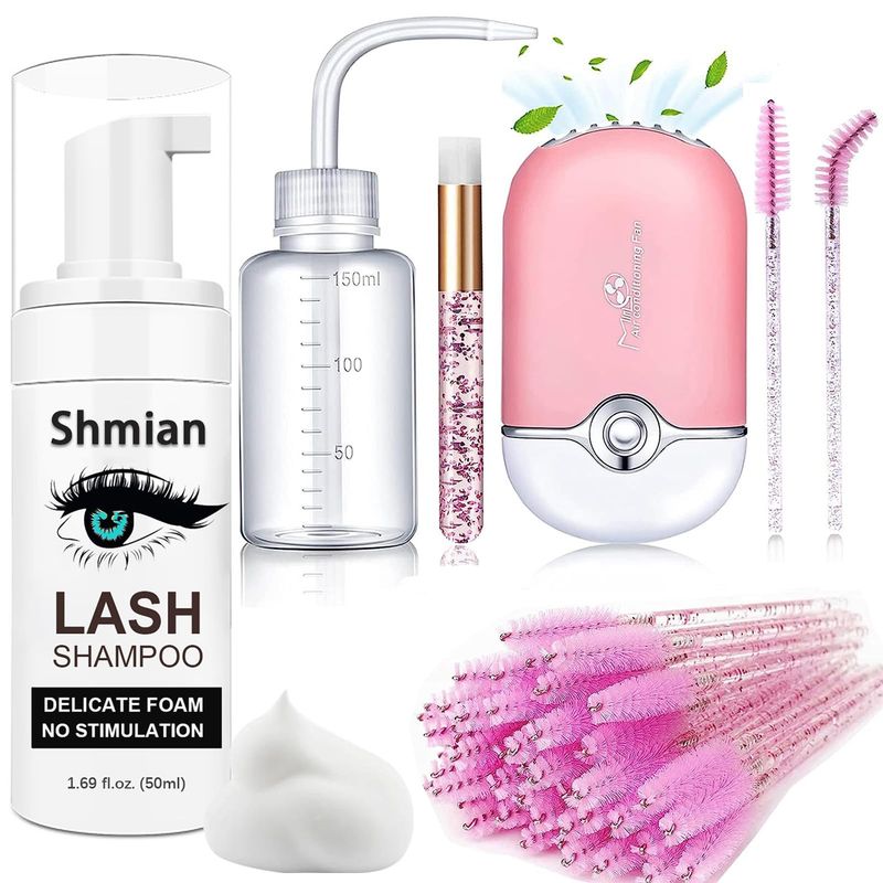 Shmian Lash Shampoo for Lash Extensions, 50ml Eyelash Foam Cleanser and 50 Pcs Eyelash Brush and Rinse Bottle Mini Fan Oil FreeSulfate Free Eyelash Wash Remover For Eyelash Extension Makeup Removel