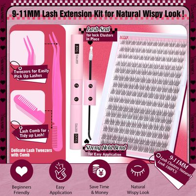 Natural Lash Extension Kit Wispy Eyelash Clusters 9-11mm Lash Cluster Kit with Lash Bond and Seal and Lash Applicator 180pcs Cluster Eyelash Extensions Kit for Beginners DIY at Home by Yawamcia