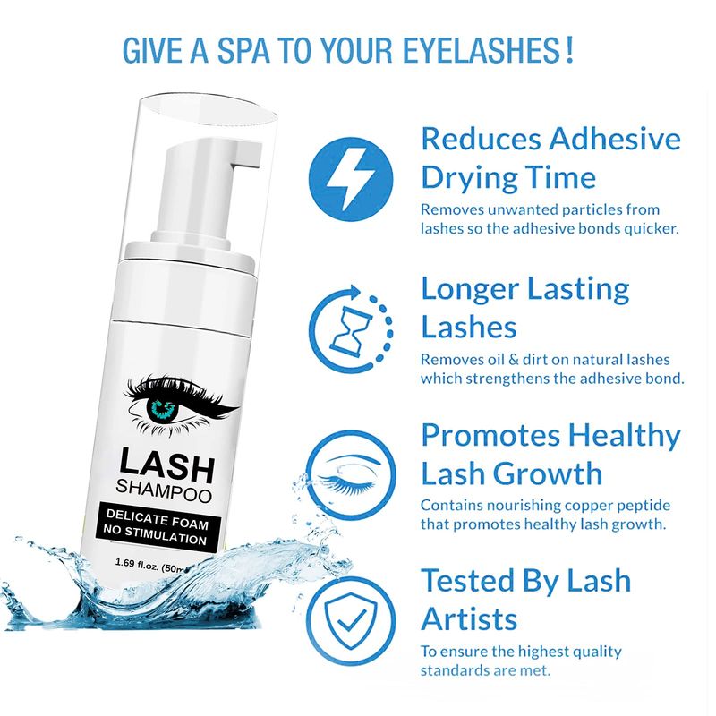 Shmian Lash Shampoo for Lash Extensions, 50ml Eyelash Foam Cleanser and 50 Pcs Eyelash Brush and Rinse Bottle Mini Fan Oil FreeSulfate Free Eyelash Wash Remover For Eyelash Extension Makeup Removel