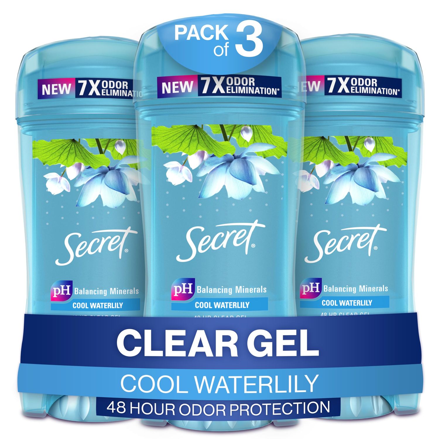 Secret Fresh Antiperspirant and Deodorant for Women, 48hr Freshness, Sweat &amp; Odor Protection, PH Balancing Minerals, Clear Gel, Waterlily Scent, 2.6 oz (Pack of 3)