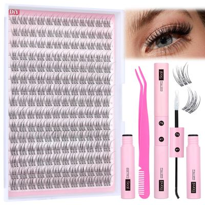 Natural Lash Extension Kit Wispy Eyelash Clusters 9-11mm Lash Cluster Kit with Lash Bond and Seal and Lash Applicator 180pcs Cluster Eyelash Extensions Kit for Beginners DIY at Home by Yawamcia
