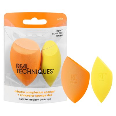 Real Techniques Miracle Complexion Sponge  Concealer Sponge Duo, Makeup Blending Sponges For Foundation &amp; Concealer, Offers Light To Medium Coverage, Natural, Dewy Makeup, Latex-Free Foam 2 Count