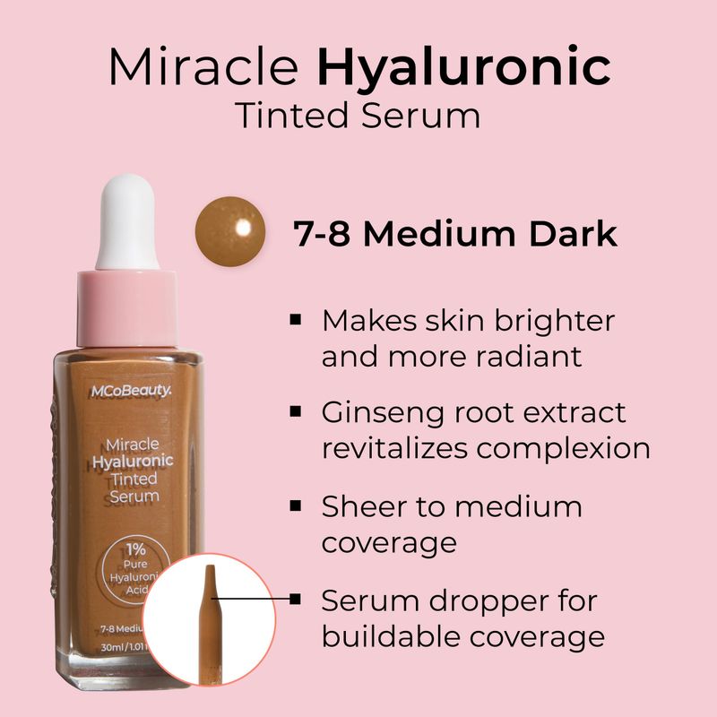 MCoBeauty Miracle Hyaluronic Tinted Serum, 7-8 Medium Dark, Hydration &amp; Glow for Radiant Skin, Vegan, Cruelty Free Cosmetics