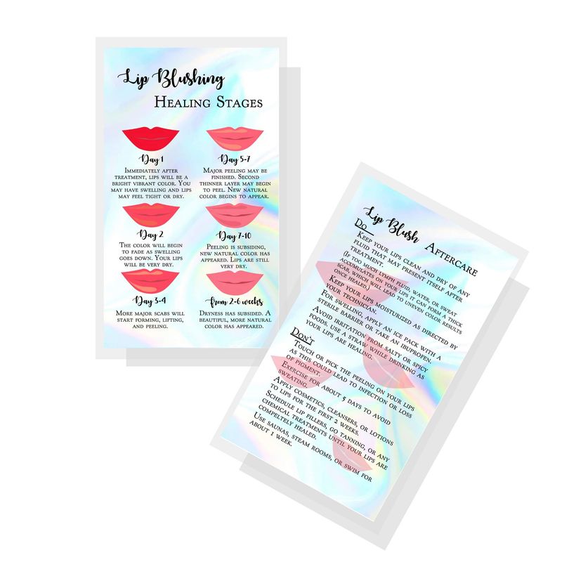 Lip Blush Stages of Healing &amp; Aftercare Instructions Card | 50 Pack | 2x3.5&quot; inches Business Card Size | Lip Blush Lip Glow Lip Tint PMU Lip Liner Full Lip Tint Tattoo | Holographic Look Design