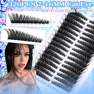Pleell Lash Clusters 320 Pcs Individual Lashes Clusters 7-16 MM Cat Eye Wispy Eyelash Clusters D Curl 80D Cluster Eyelash Extensions Easy Diy Lash Extension Cluster at Home