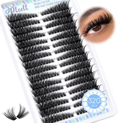 Pleell Lash Clusters 320 Pcs Individual Lashes Clusters 7-16 MM Cat Eye Wispy Eyelash Clusters D Curl 80D Cluster Eyelash Extensions Easy Diy Lash Extension Cluster at Home