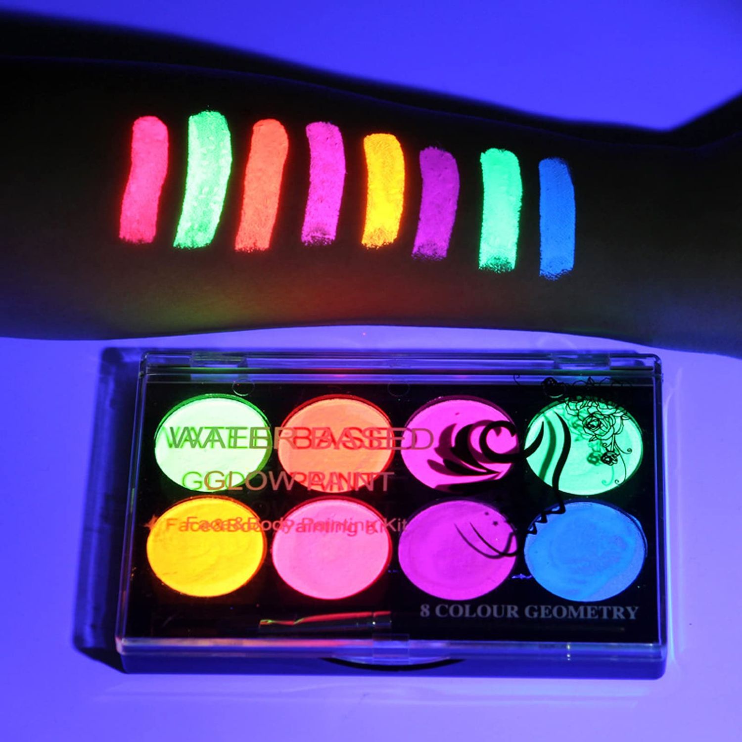 MEICOLY Glow UV Blacklight Face Paint, 8 Bright Colors Neon Fluorescent Rave Body Paint Palette,Water Activated Eyeliner,Water Based Glow In The Dark Halloween Washable for Kids Adult Body Painting