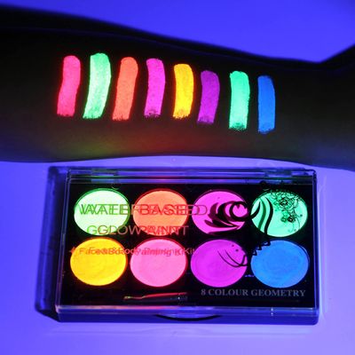 MEICOLY Glow UV Blacklight Face Paint, 8 Bright Colors Neon Fluorescent Rave Body Paint Palette,Water Activated Eyeliner,Water Based Glow In The Dark Halloween Washable for Kids Adult Body Painting