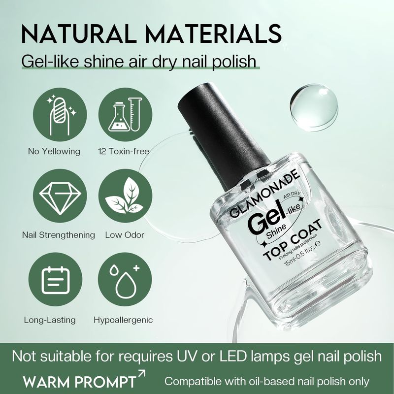 Top Coat Nail Polish Clear Quick Dry Nail Polish No Chip High Shine Long Lasting Glossy Nail Polish Fast Air Dry Non Toxic Top Coat for Nail Art Manicure Salon Quality
