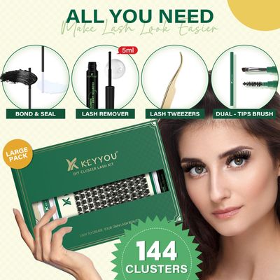 DIY Lash Extension Kit KEYYOU 144pcs Lash Clusters Eyelash Extension Kit with Mascara Brush Bond and Seal Lash Glue Remover Lash Applicators Lash Brush Clean Pad for DIY Lash Extensions (Y02 Kit)