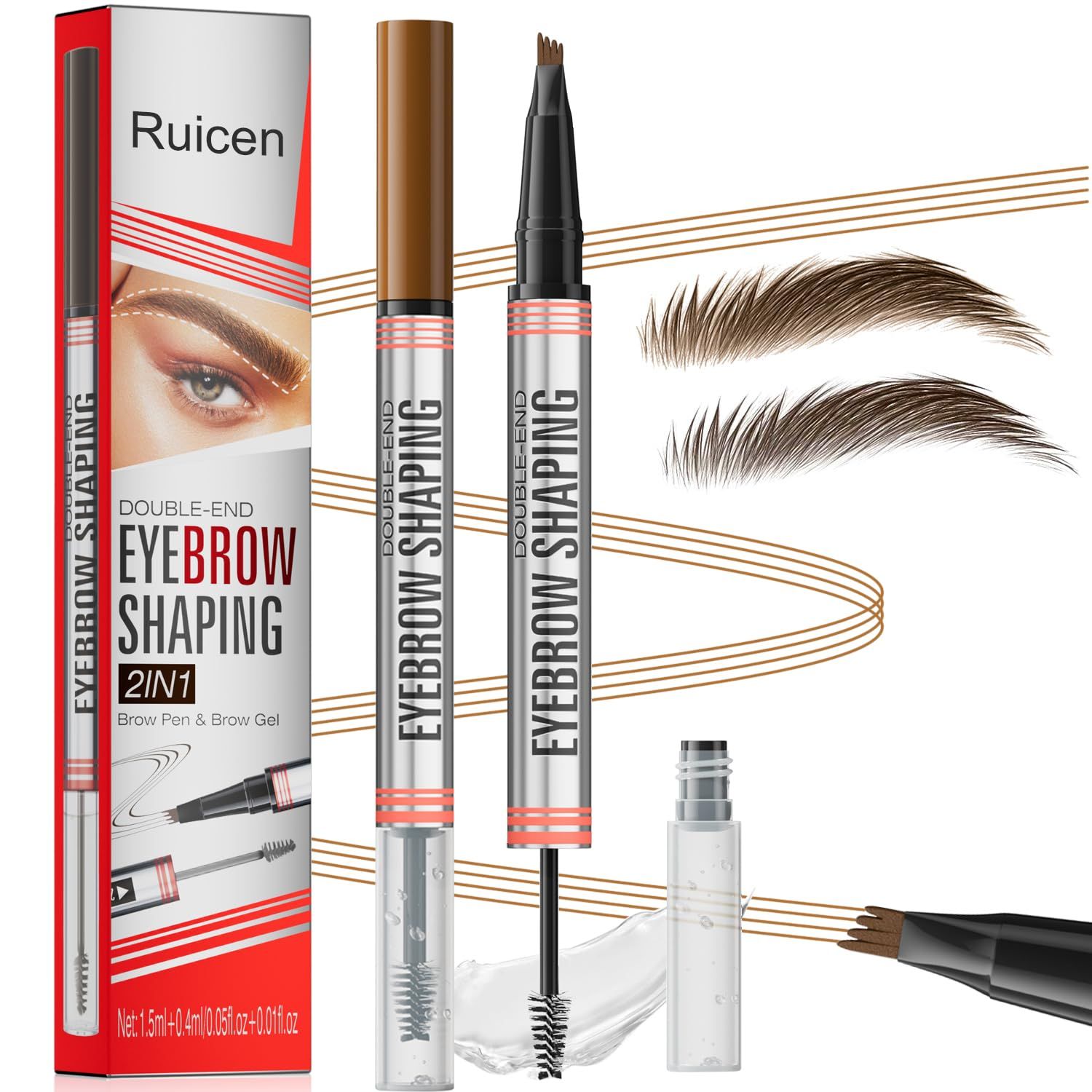Eyebrow Pencil with Eyebrow Gel, Ruicen 2-in-1 Microblading Eyebrow Pen and Brow Gel with 4 Fork Tip, Real-Looking-Fill Define and Shape Brows, 24H Wear, Waterproof &amp; Smudge-proof, Light Brown