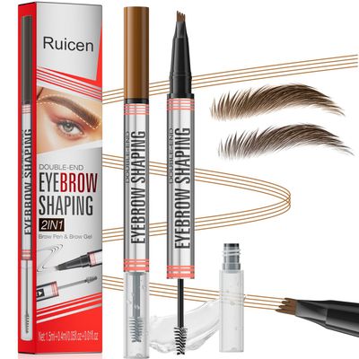 Eyebrow Pencil with Eyebrow Gel, Ruicen 2-in-1 Microblading Eyebrow Pen and Brow Gel with 4 Fork Tip, Real-Looking-Fill Define and Shape Brows, 24H Wear, Waterproof &amp; Smudge-proof, Light Brown