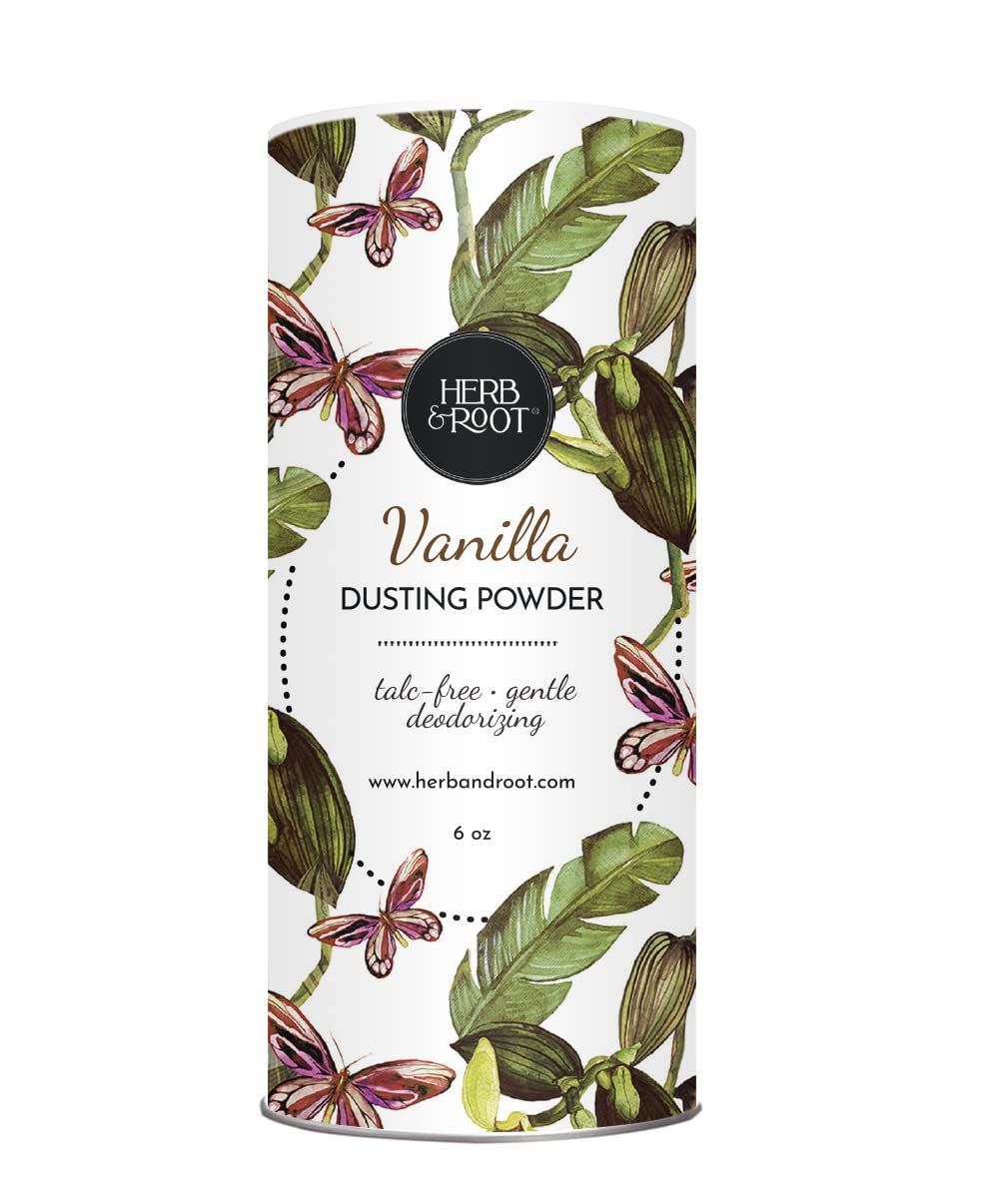 Vanilla Talc Free Dusting Powders made with Arrowroot, soothing oats, zinc, and magnesium. Free of Baking Soda. For chafing, deodorizing, sweating