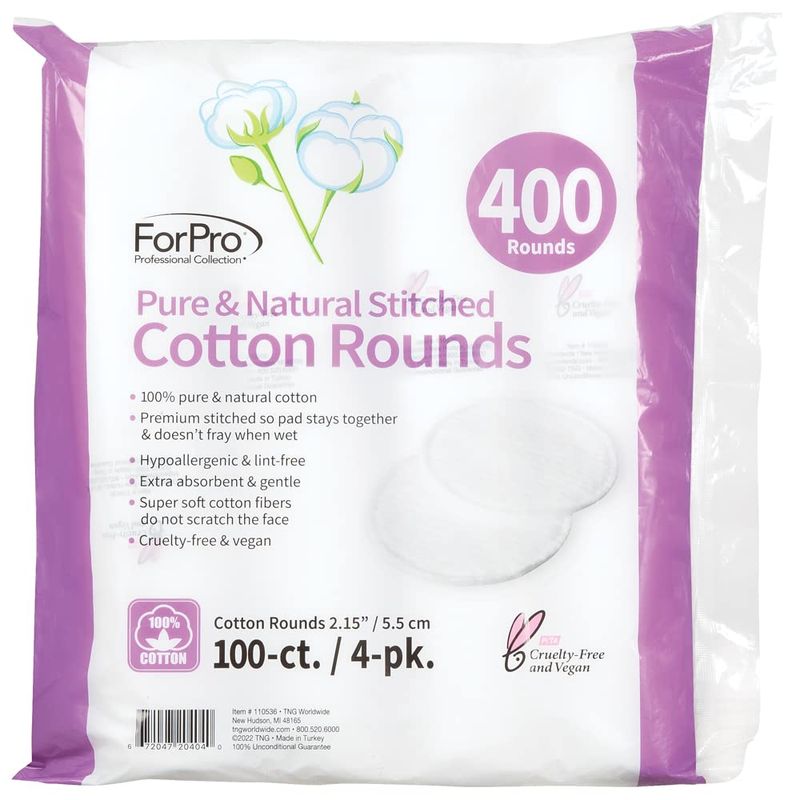 ForPro Pure &amp; Natural Stitched Cotton Rounds for Face (400-Count), 100% Pure Cotton Makeup Remover Pads, Hypoallergenic, Lint-Free, Vegan &amp; Cruelty-Free, Pack of 4-100 Cotton Pads
