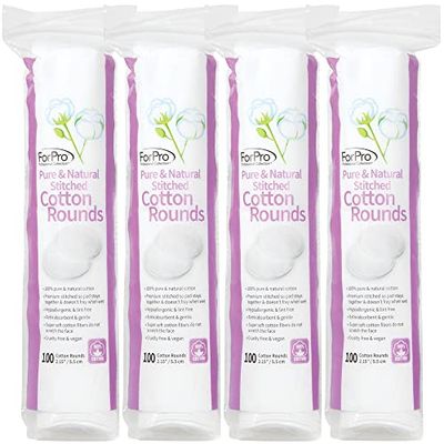 ForPro Pure &amp; Natural Stitched Cotton Rounds for Face (400-Count), 100% Pure Cotton Makeup Remover Pads, Hypoallergenic, Lint-Free, Vegan &amp; Cruelty-Free, Pack of 4-100 Cotton Pads