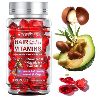 POEROES Hair Treatment Serum 50 Capsules Hair Vitamins A C E Pro B5 - Hair Serum for Frizzy and Damaged Hair - Hair Oil with Argan &amp; Avocado Oil - Leave in Conditioner for Women &amp; Men