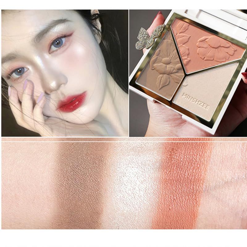 Face Highlighter &amp; Contouring &amp; Blush Palette Natural Shiny Contour Highlight Lasting Lightweight Face Blush with Mirror and Brush
