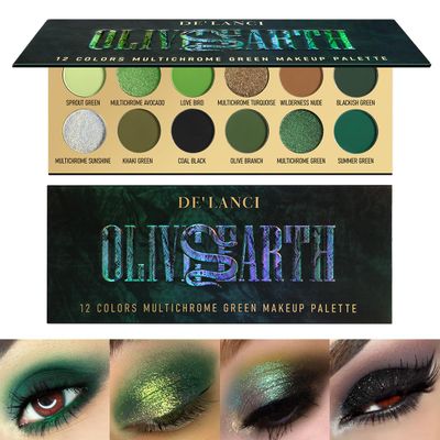 Olive Green Eyeshadow Palette, Black Green Multichrome Eyeshadow for Green Smokey Eyes, 12 Colors Matte Glitter Pigmented Powder Long Lasting Green Brown Eye Makeup Pallet for Christmas Look, Vegan