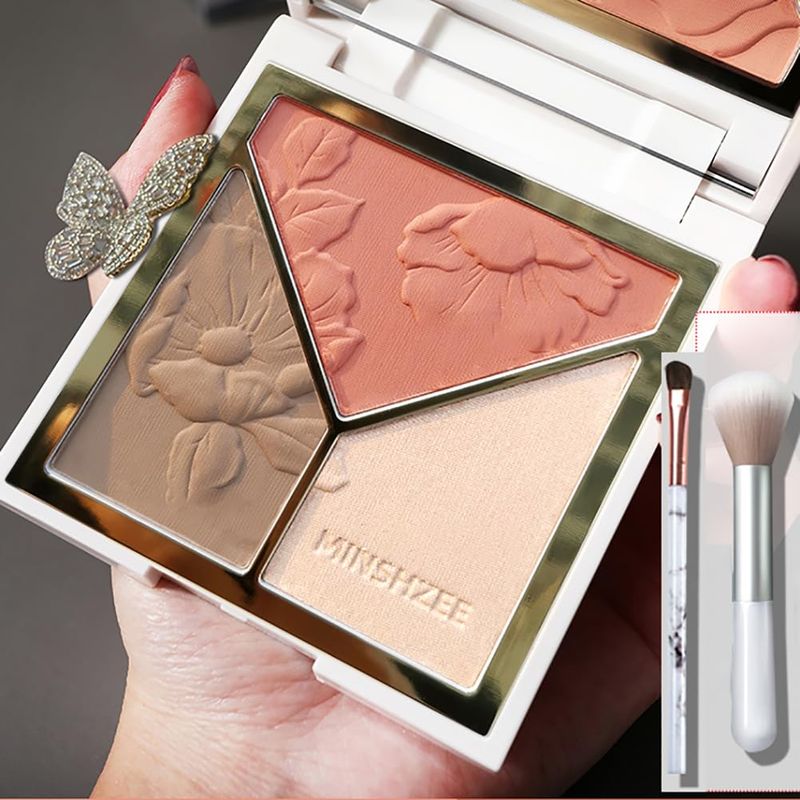 Face Highlighter &amp; Contouring &amp; Blush Palette Natural Shiny Contour Highlight Lasting Lightweight Face Blush with Mirror and Brush