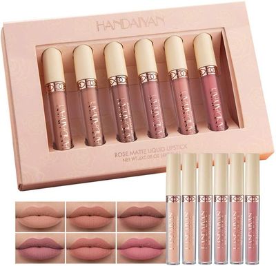 Amzfly Matte liquid lipstick set, 6 kinds of nude matte liquid long lasting non-sticky cup non-fading waterproof lip gloss set, suitable for women&#39;s makeup use (6PCS)