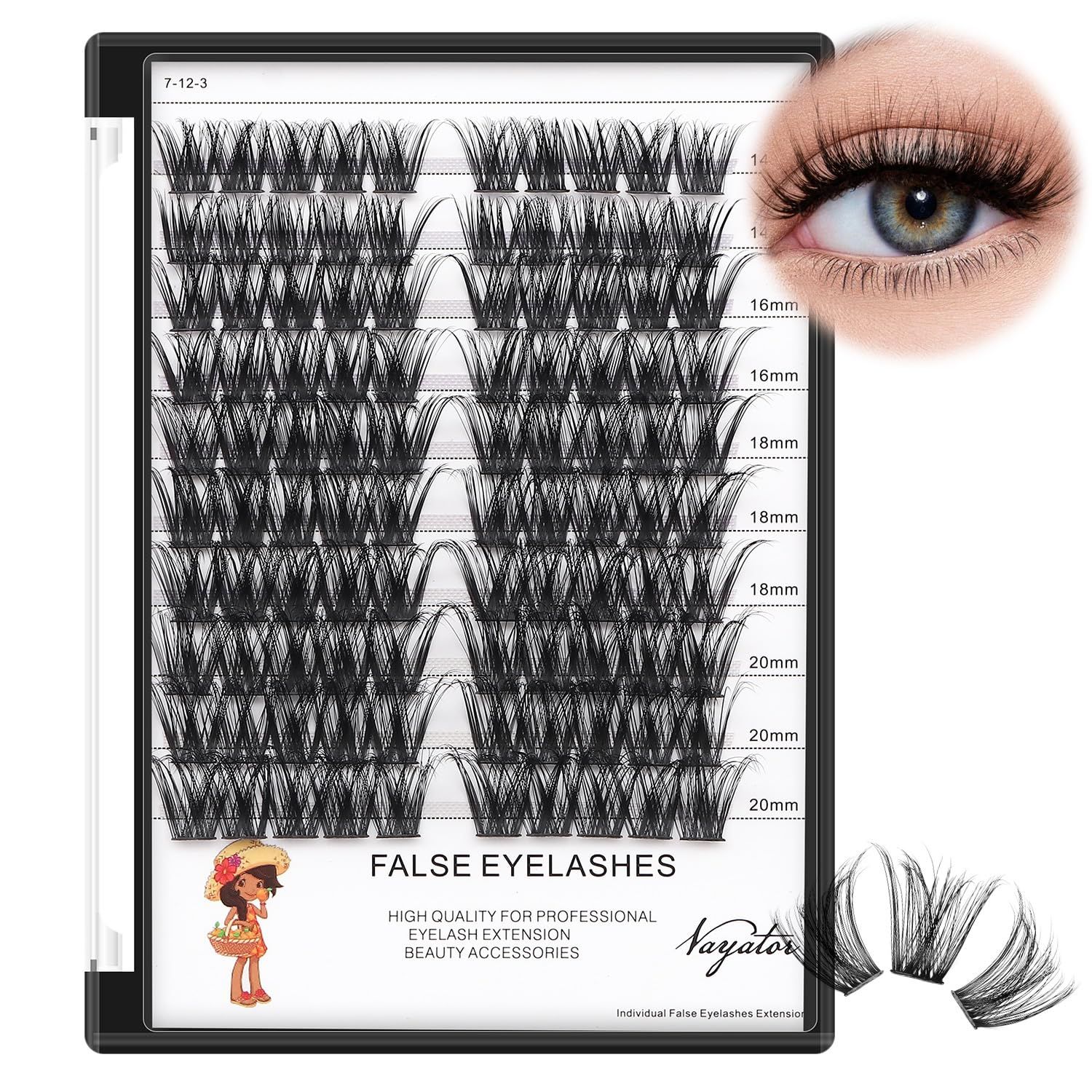 Vayator Mixed Size Kit with Applicator and Lash Bond &amp; Seal 8-14mm10-16mm14-20mm Mix D CurlDD Curl Makeup Cluster Grafting Eyelashes Individual Extension (E#14-16-18-20mm Mixed)