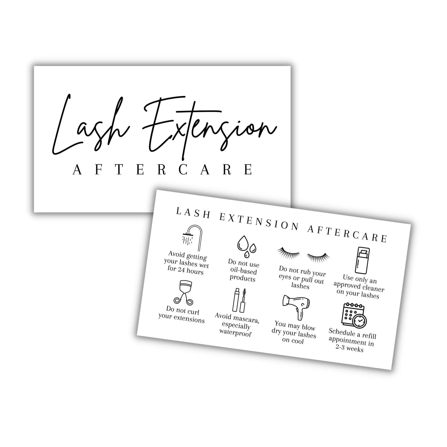 Lash Aftercare Extension Care Cards | 50 Pack | Eyelash False 2 x 3.5 inches Symbols 2-3 Week Refill Instructions Minimalist Gold foil Appearance Pink White and Black How to Care for Your Extensions