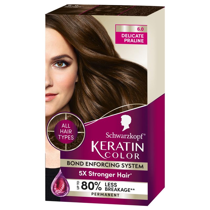 Schwarzkopf Keratin Color Permanent Hair Color, 6.0 Delicate Praline,1 Application-Professionally Inspired Permanent Hair Dye,for up to 80% Less Breakage vs Untreated Hair and up to 100% Gray Coverage
