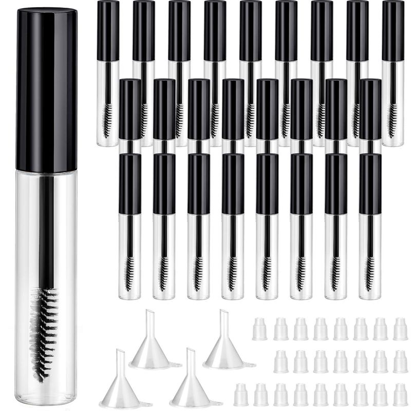 25 Pieces 10 ml Empty Mascara Tubes Wand Empty Eyelash Bottle Clear Refillable Mascara Container with 4 Pieces Funnels Transfer Pipettes for Castor Oil and DIY Cosmetics(Black)