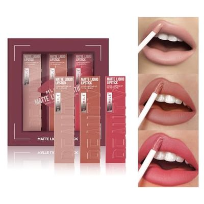 SWETIYOU Matte Liquid Lipstick Makeup Set, 3Pcs Long Lasting Smudge Proof Lip Gloss Set, High Pigmented Velvety Nude Red Lip Stain Lip Makeup Gift Sets for Girls and Women