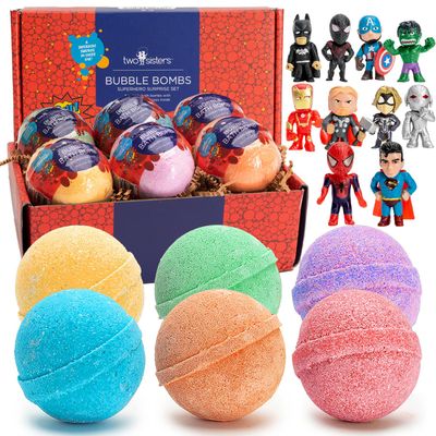 Superhero Bath Bombs for Kids with Surprise Toys Inside, 6 Pack Bubble Bomb Fizzies, Fruity Scents, Relaxing Aromas, USA Made, Ideal Birthday Gift for Girls &amp; Boys by Two Sisters