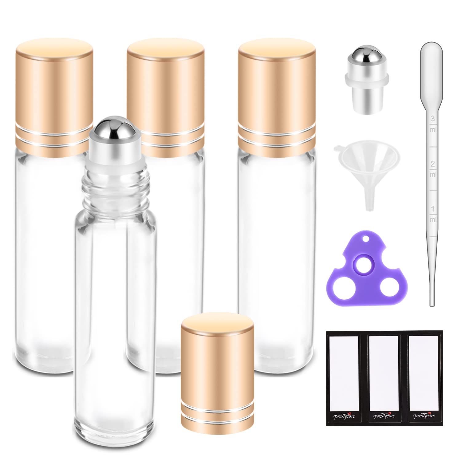 PrettyCare Essential oil Roller Bottles for Oils 10ml Glass Clear Perfume Bottles Empty with Extra Roller Balls, Opener, Funnel, Pipette, Labels, 4pack Roll on Bottles