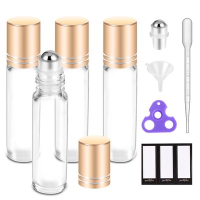 PrettyCare Essential oil Roller Bottles for Oils 10ml Glass Clear Perfume Bottles Empty with Extra Roller Balls, Opener, Funnel, Pipette, Labels, 4pack Roll on Bottles